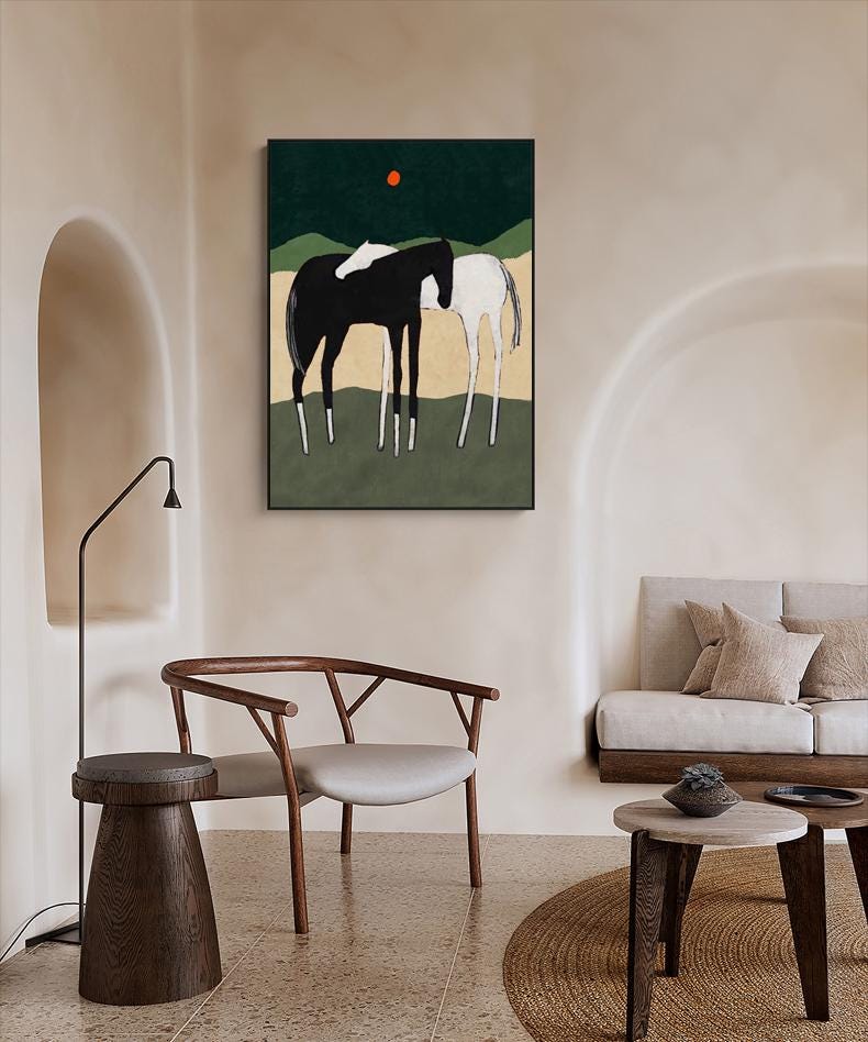 May include: A painting of two horses, one black and one white, standing side by side in a field. The background is a dark green with a small orange sun.
