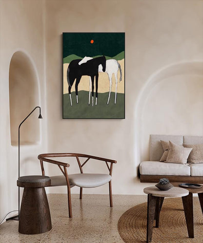May include: A painting of two horses, one black and one white, standing side by side in a field. The background is a dark green with a small orange sun.