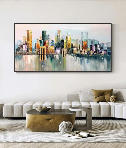 May include: A colorful abstract painting of a cityscape with a reflection of the buildings in the water below. The painting is done in a modern style with bold colors and brushstrokes.