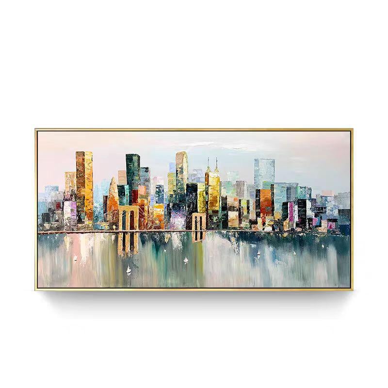 May include: A colorful abstract painting of a cityscape with buildings reflected in the water. The painting features a variety of colors, including blue, green, yellow, and orange.