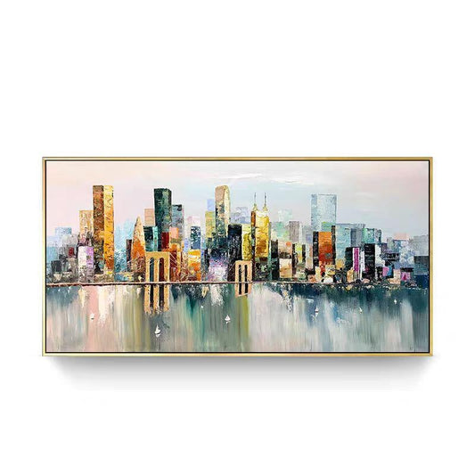 May include: A colorful abstract painting of a cityscape with buildings reflected in the water. The painting features a variety of colors, including blue, green, yellow, and orange.