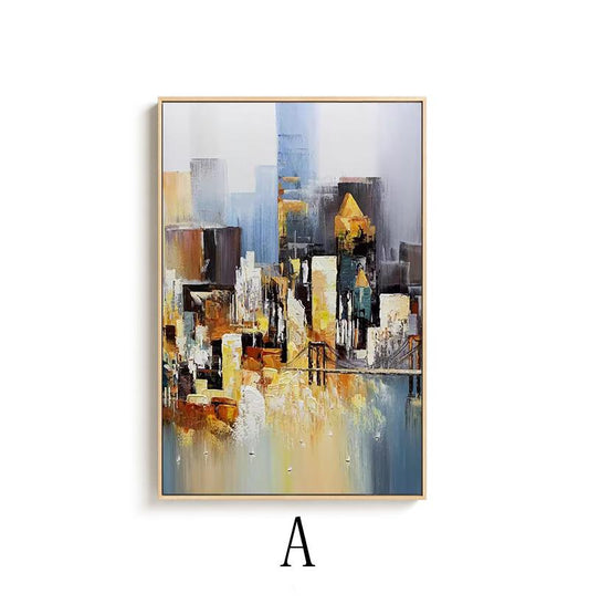 May include: Abstract painting of a city skyline with buildings in shades of brown, yellow, and blue. The painting has a textured, brushstroke effect and depicts a bridge over a body of water.