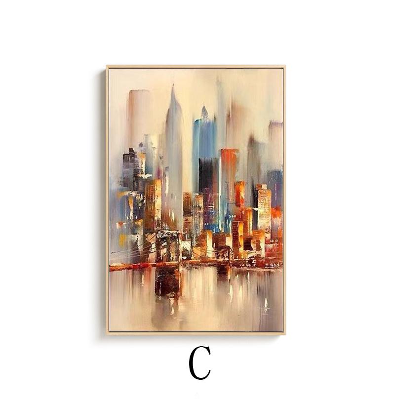 May include: A painting of a city skyline with tall buildings in shades of orange, yellow, brown, and blue. The buildings are reflected in the water below, which is a light blue color. The painting has a soft, impressionistic style.