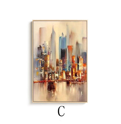 May include: A painting of a city skyline with tall buildings in shades of orange, yellow, brown, and blue. The buildings are reflected in the water below, which is a light blue color. The painting has a soft, impressionistic style.