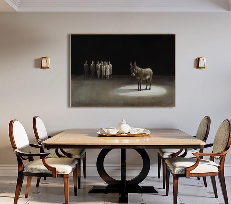 Classical Donkey Oil Painting on Canvas, Large Original Donkey Canvas Wall Art, Modern Hand-painted Animal Painting for Living Room