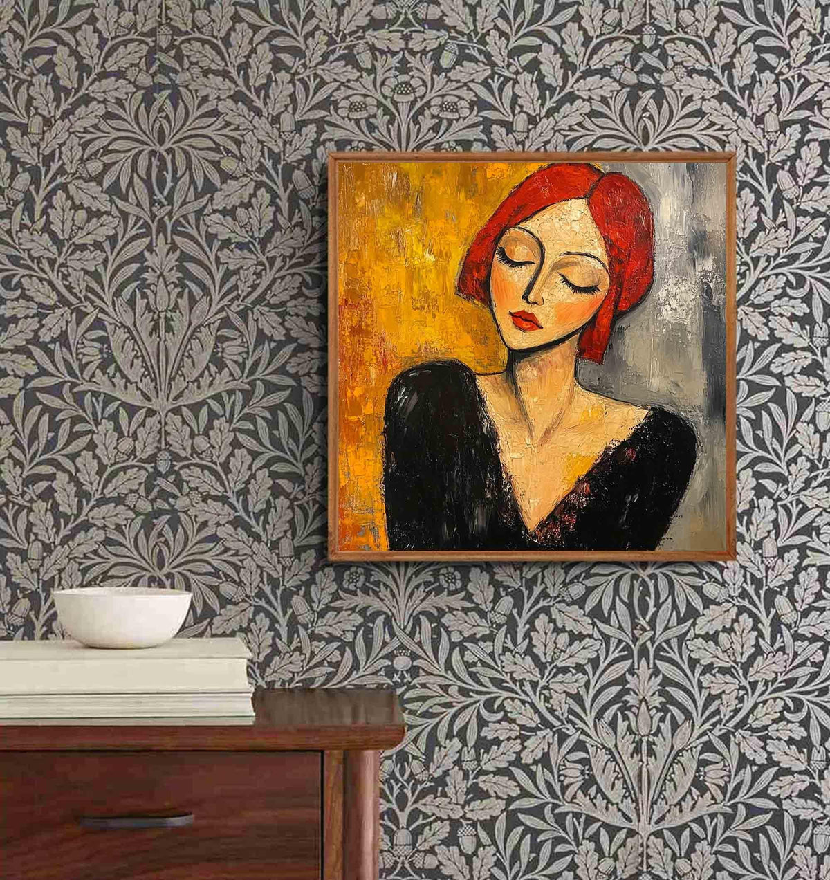 Red Hair Woman Portrait Wall Art Modigliani Style Abstract Canvas for Living Room