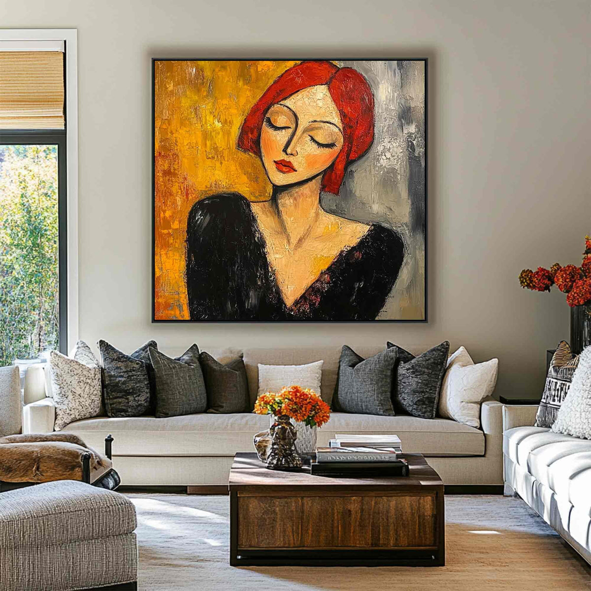 Red Hair Woman Portrait Wall Art Modigliani Style Abstract Canvas for Living Room