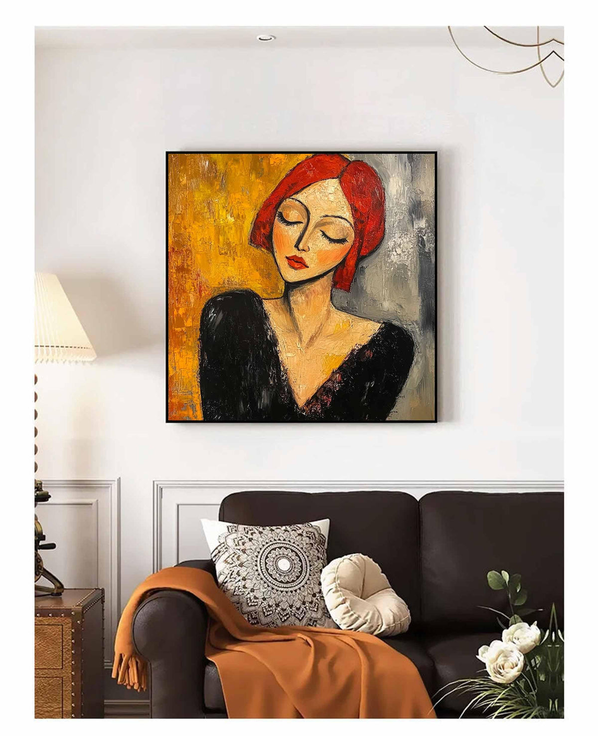 Red Hair Woman Portrait Wall Art Modigliani Style Abstract Canvas for Living Room