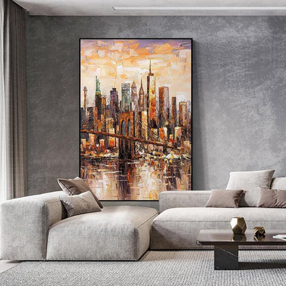 Original Brooklyn Bridge Canvas Wall Art, Large Abstract New York Cityscape Oil Painting on Canvas,modern Manhattan Painting for Living Room