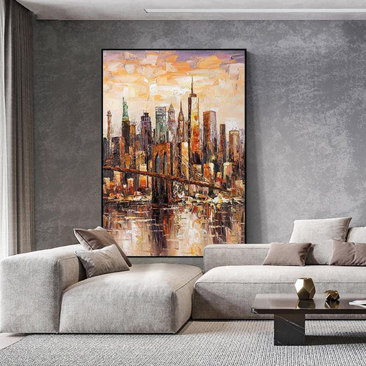 Original Brooklyn Bridge Canvas Wall Art, Large Abstract New York Cityscape Oil Painting on Canvas,modern Manhattan Painting for Living Room