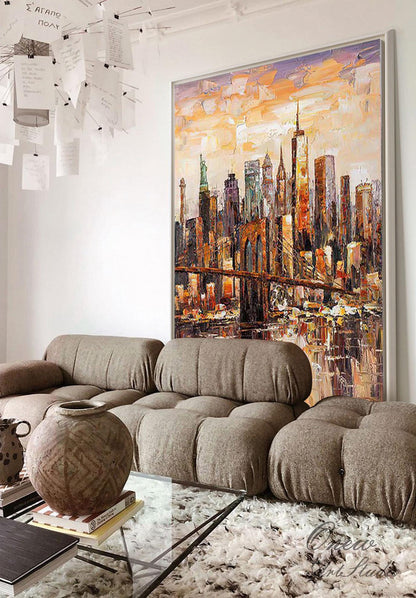 Original Brooklyn Bridge Canvas Wall Art, Large Abstract New York Cityscape Oil Painting on Canvas,modern Manhattan Painting for Living Room