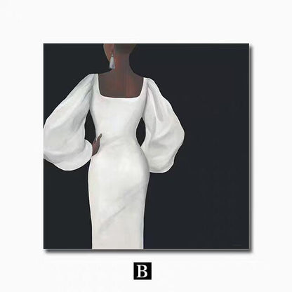 May include: A painting of a person wearing a white dress with large, puffy sleeves. The person is standing with their back to the viewer, and the background is black.