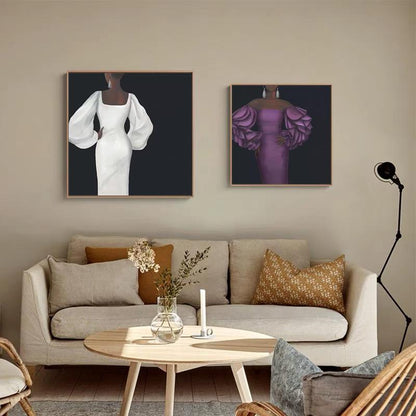 May include: Two framed paintings of women in elegant dresses. The woman in the left painting is wearing a white dress with large, puffy sleeves. The woman in the right painting is wearing a purple dress with large, ruffled sleeves.
