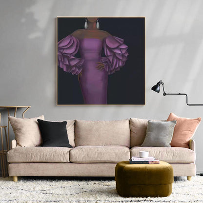 May include: A painting of a woman wearing a purple dress with large ruffled sleeves. The woman is standing against a dark background.