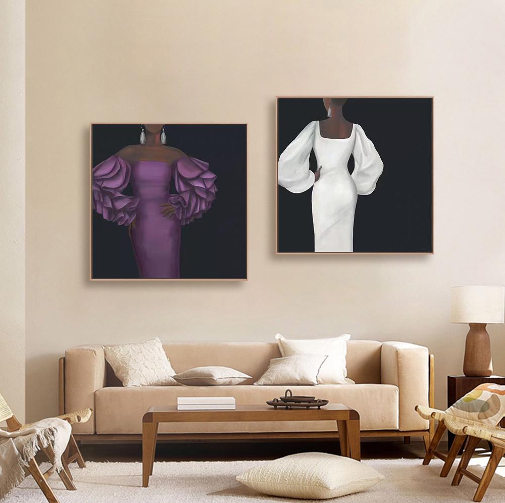 May include: Two framed paintings of women in elegant dresses. The woman on the left wears a purple dress with large, ruffled sleeves. The woman on the right wears a white dress with large, puffed sleeves. Both paintings have a black background.