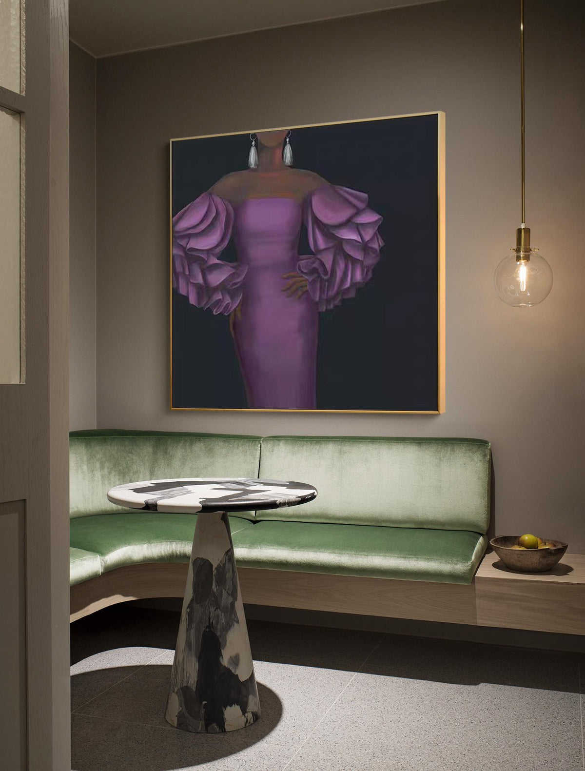 May include: A painting of a woman wearing a purple dress with large ruffled sleeves. The woman is standing in front of a dark background. The painting is framed and hanging on a wall.