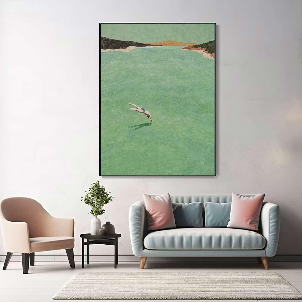 Sea Green Diver Wall Art Vintage Minimalist Ocean Canvas Painting for Entryway Decor