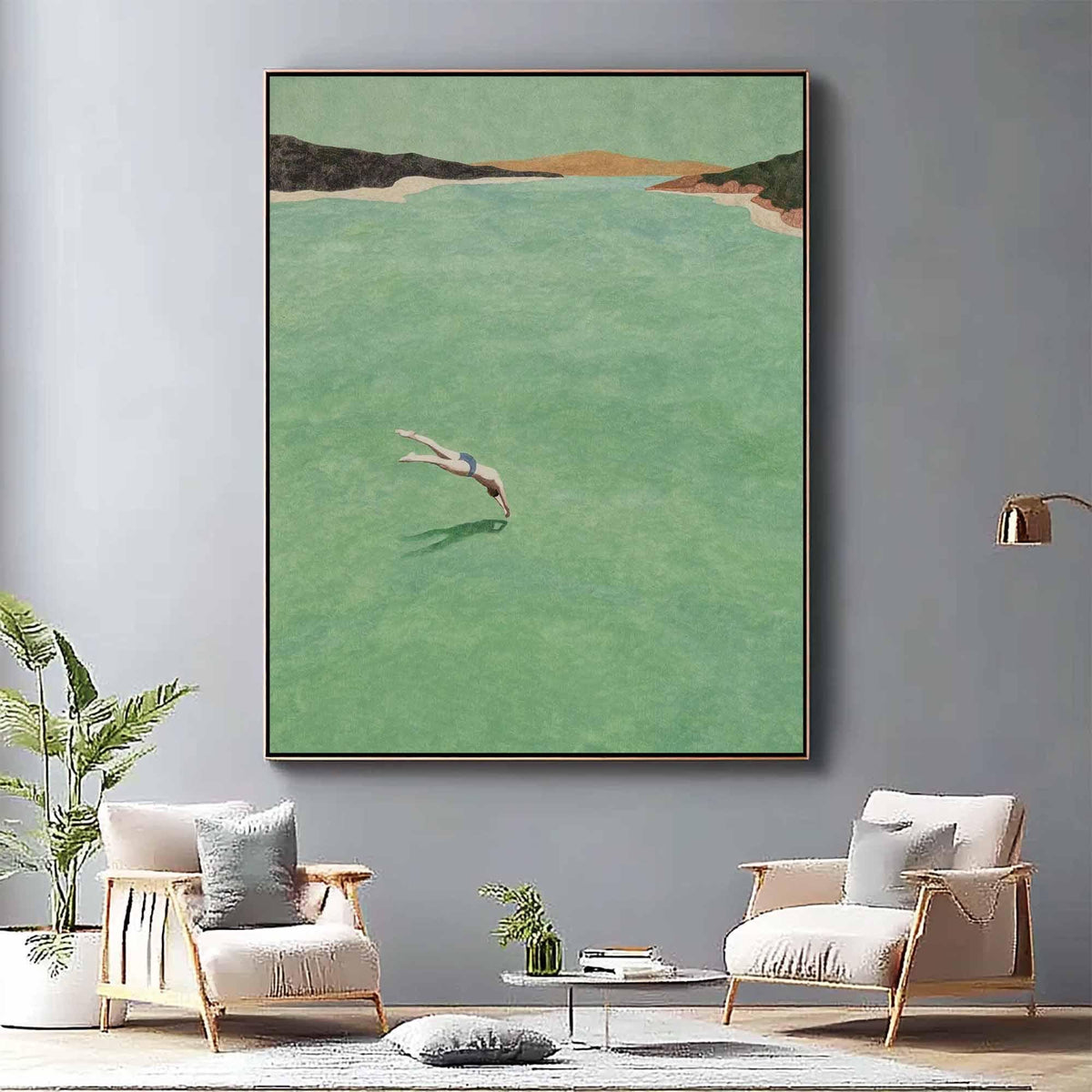 Sea Green Diver Wall Art Vintage Minimalist Ocean Canvas Painting for Entryway Decor