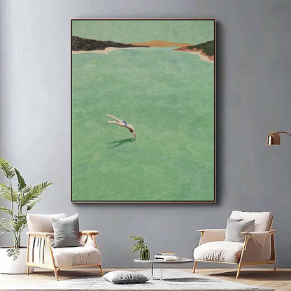 Sea Green Diver Wall Art Vintage Minimalist Ocean Canvas Painting for Entryway Decor