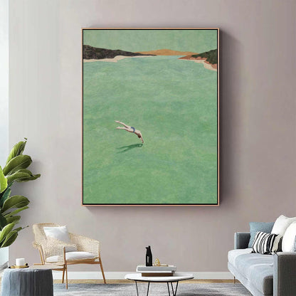 Sea Green Diver Wall Art Vintage Minimalist Ocean Canvas Painting for Entryway Decor