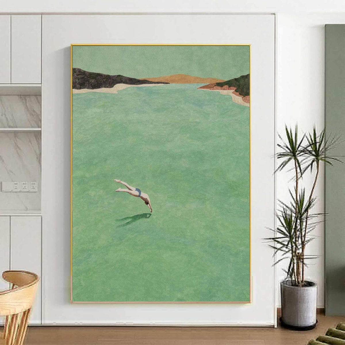 Sea Green Diver Wall Art Vintage Minimalist Ocean Canvas Painting for Entryway Decor