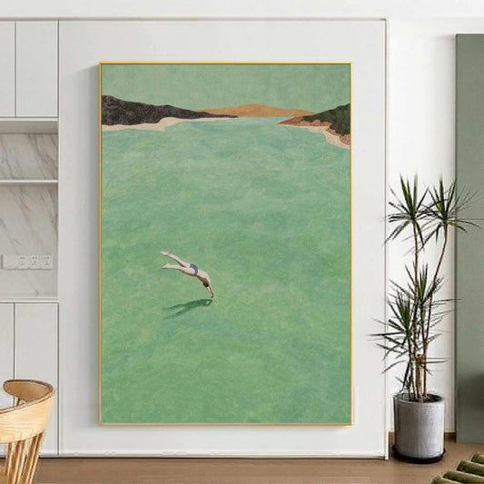 Sea Green Diver Wall Art Vintage Minimalist Ocean Canvas Painting for Entryway Decor