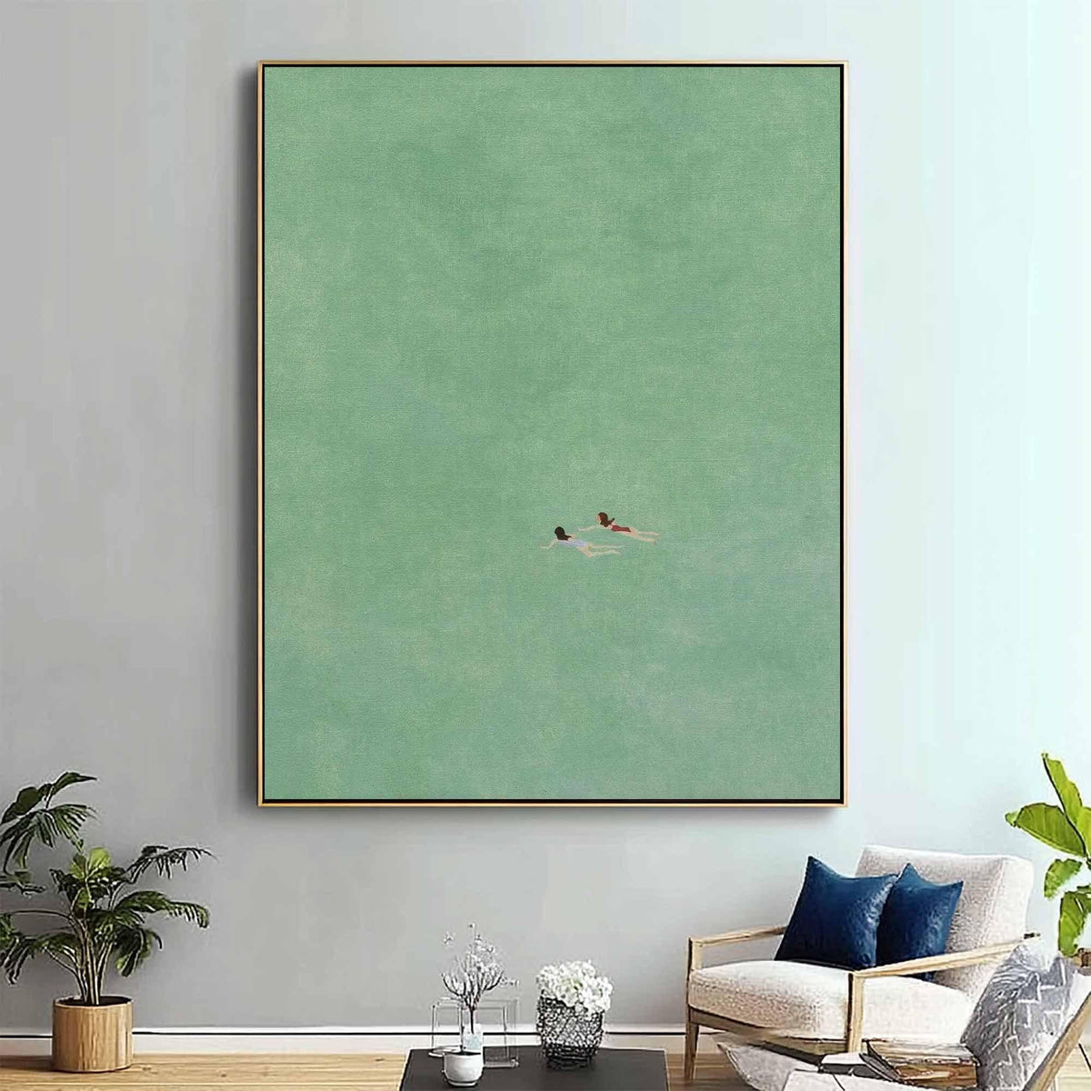 May include: A minimalist painting of two figures swimming in a green body of water. The painting has a muted color palette and a simple composition.