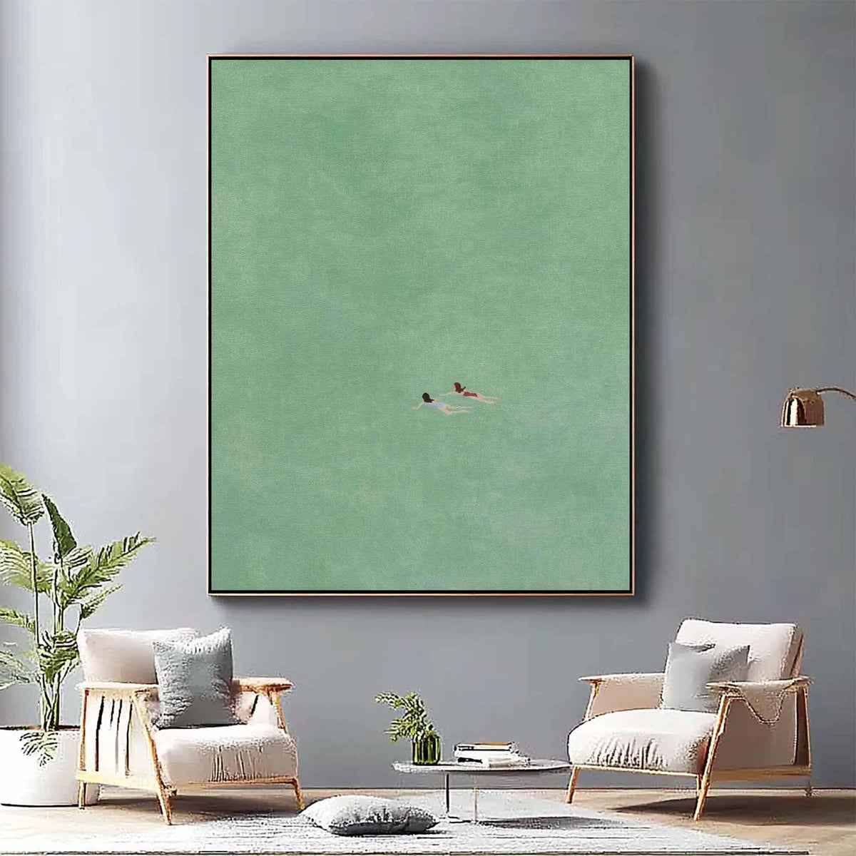 May include: A minimalist painting of two figures swimming in a turquoise sea. The painting has a soft, muted color palette and a simple composition.