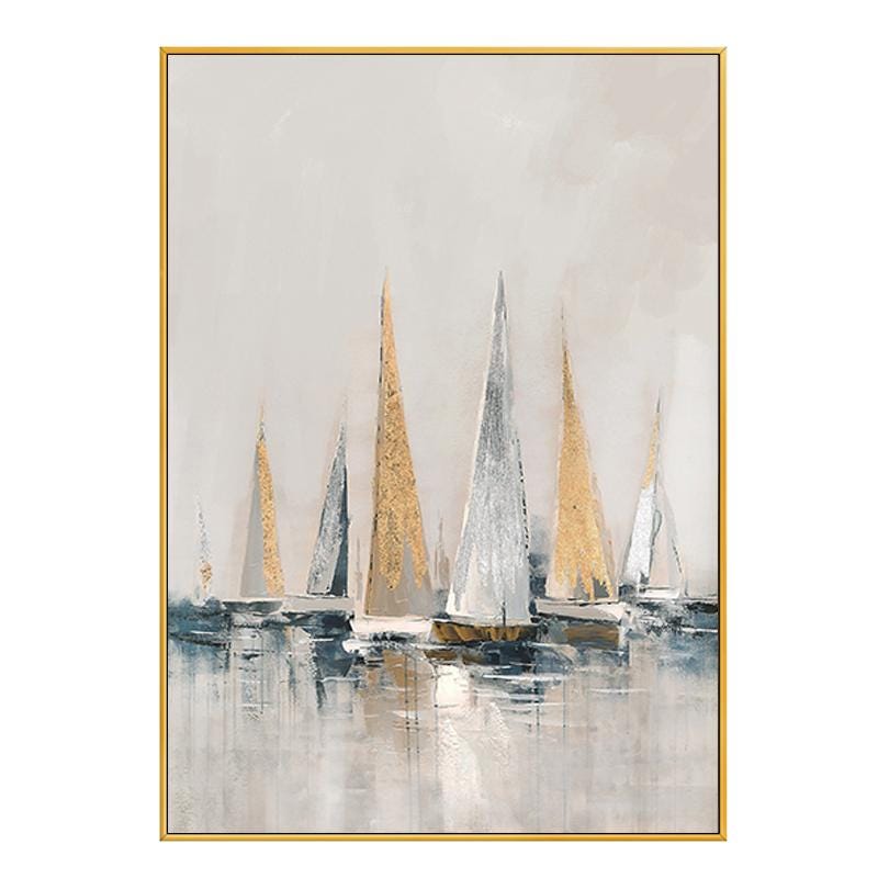 May include: Abstract painting of sailboats in shades of white, gray, and gold on a light gray background. The sailboats are arranged in a row, with the largest sailboat in the center. The painting has a minimalist style and evokes a sense of calm and serenity.
