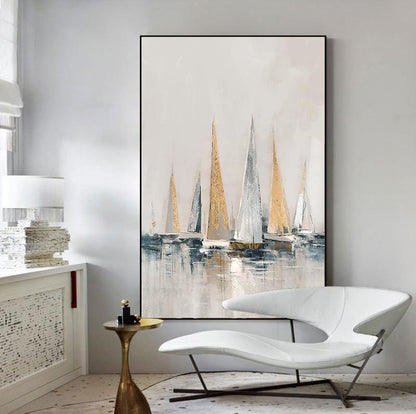 May include: Abstract painting of sailboats on a body of water with a light blue, white, and gold color scheme.