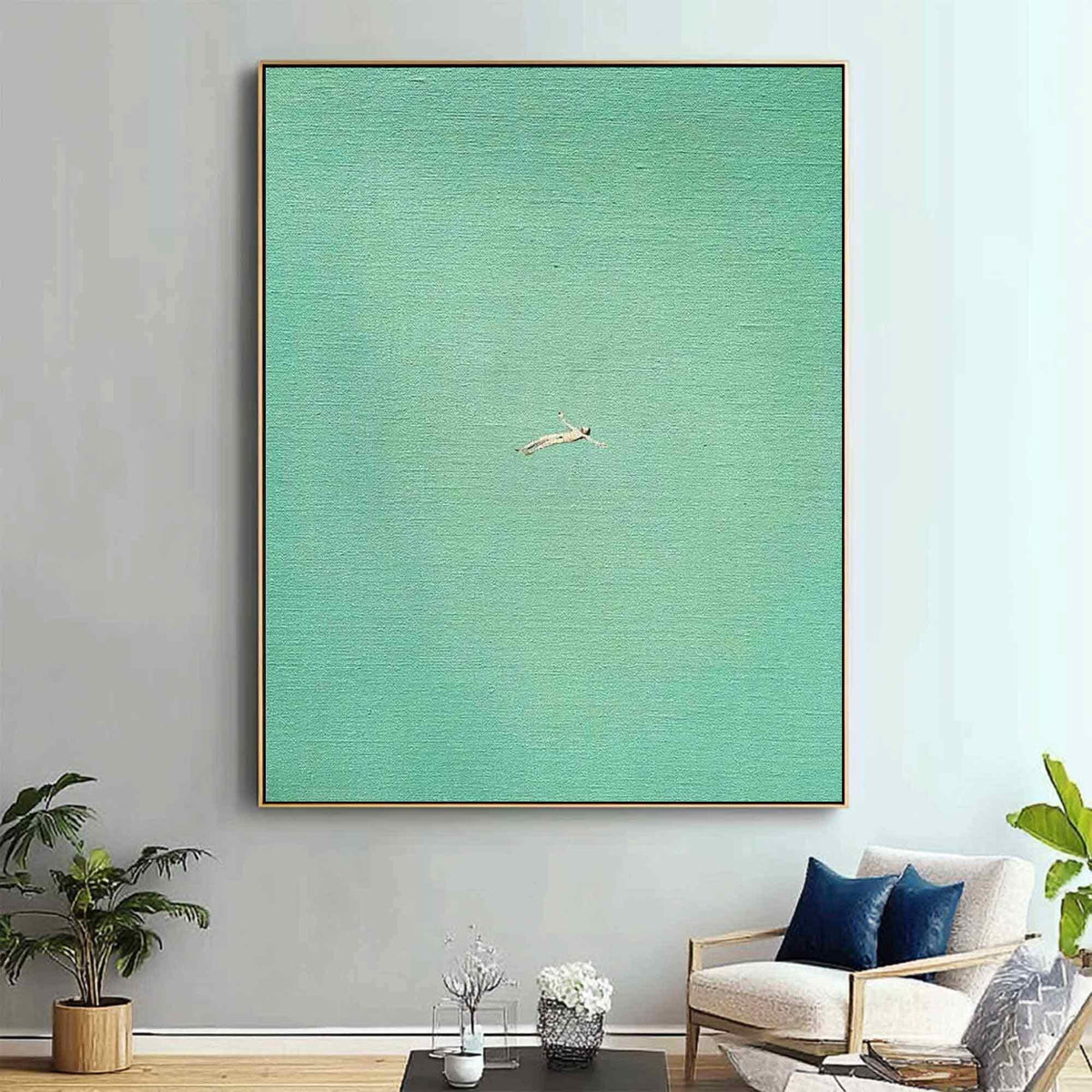 Sea Green Swimmer Wall Art Minimalist Ocean Canvas Painting for Coastal Spa Bathroom Decor