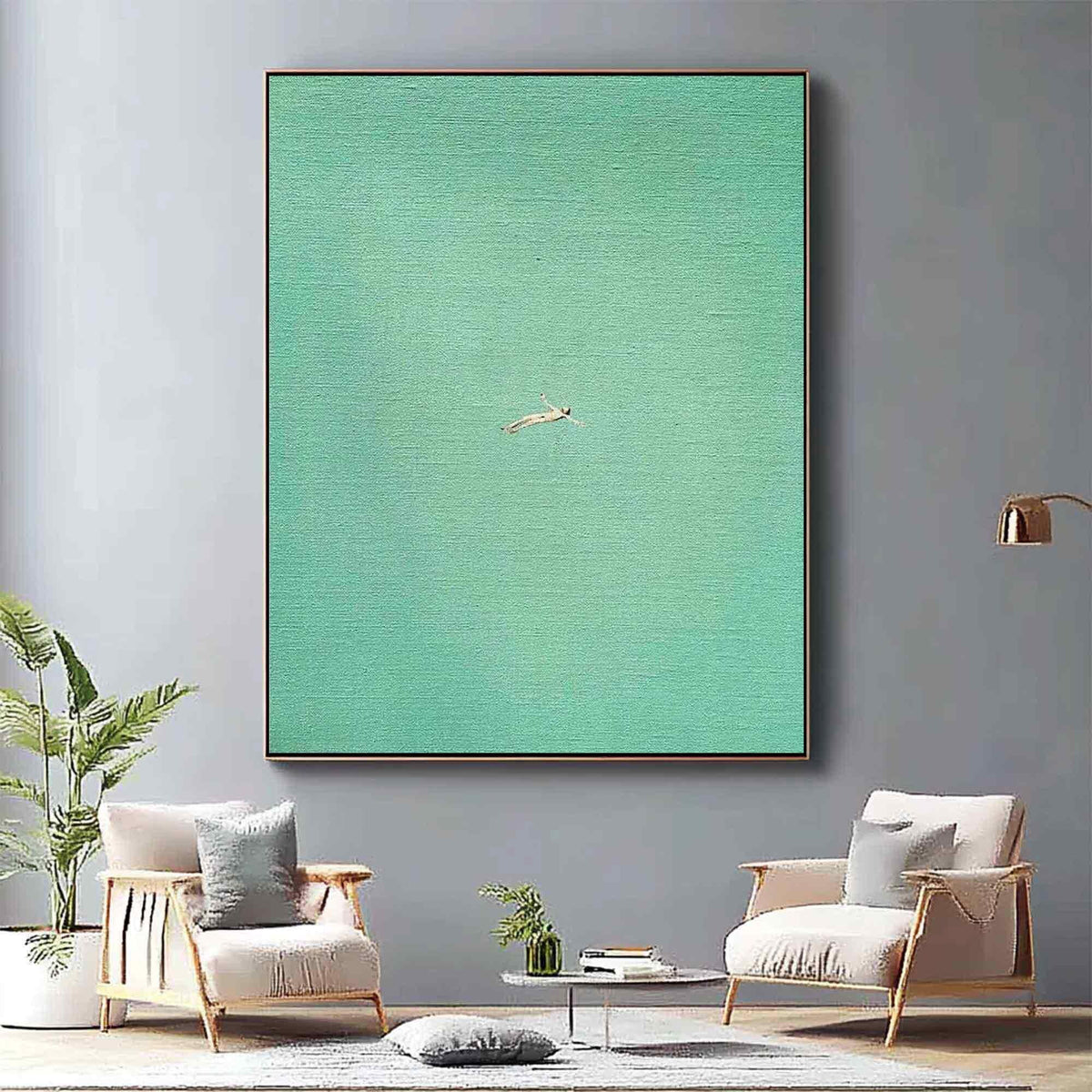 Sea Green Swimmer Wall Art Minimalist Ocean Canvas Painting for Coastal Spa Bathroom Decor