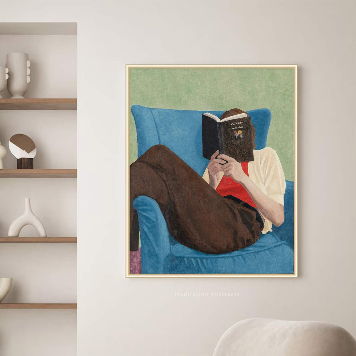 Book Lover Wall Art Blue Chair Figure Canvas Painting for Cozy Modern Bedroom Decor