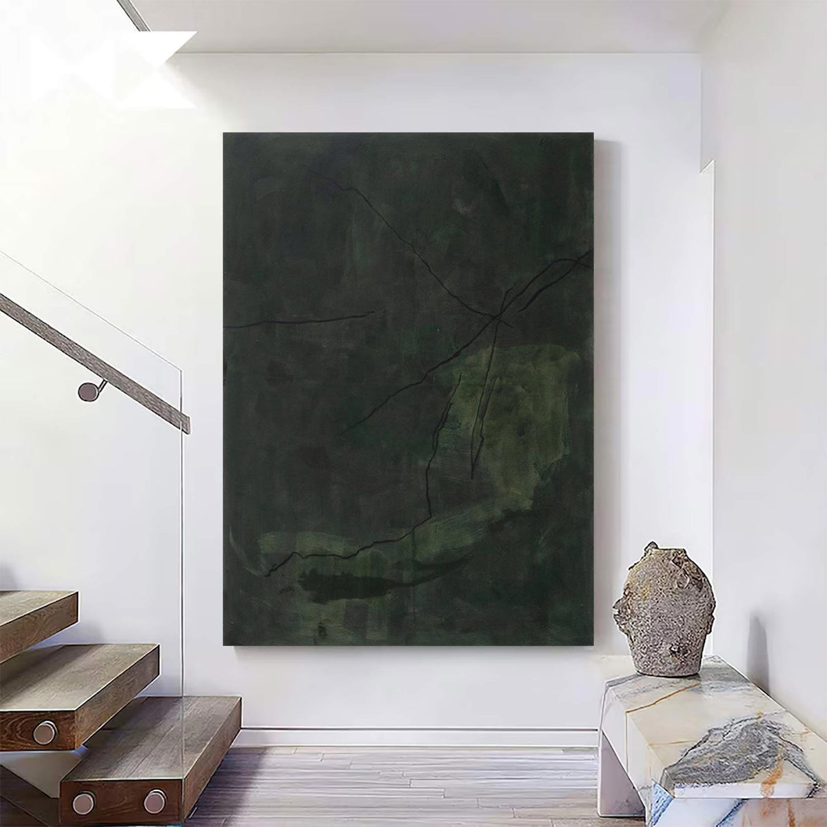 Large Dark Green Abstract Wall Art Wabi Sabi Canvas Painting for Living Room Decor