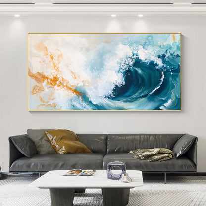 Blue and Gold Abstract Textured Ocean Wave Seascape Wall Art