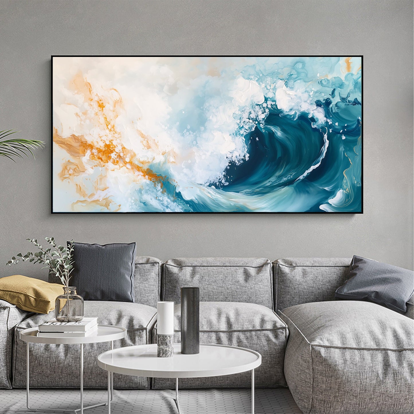 Original – Blue and Gold Ocean Wave Seascape Wall Art | Abstract Textured Hand-Painted Painting, view 5