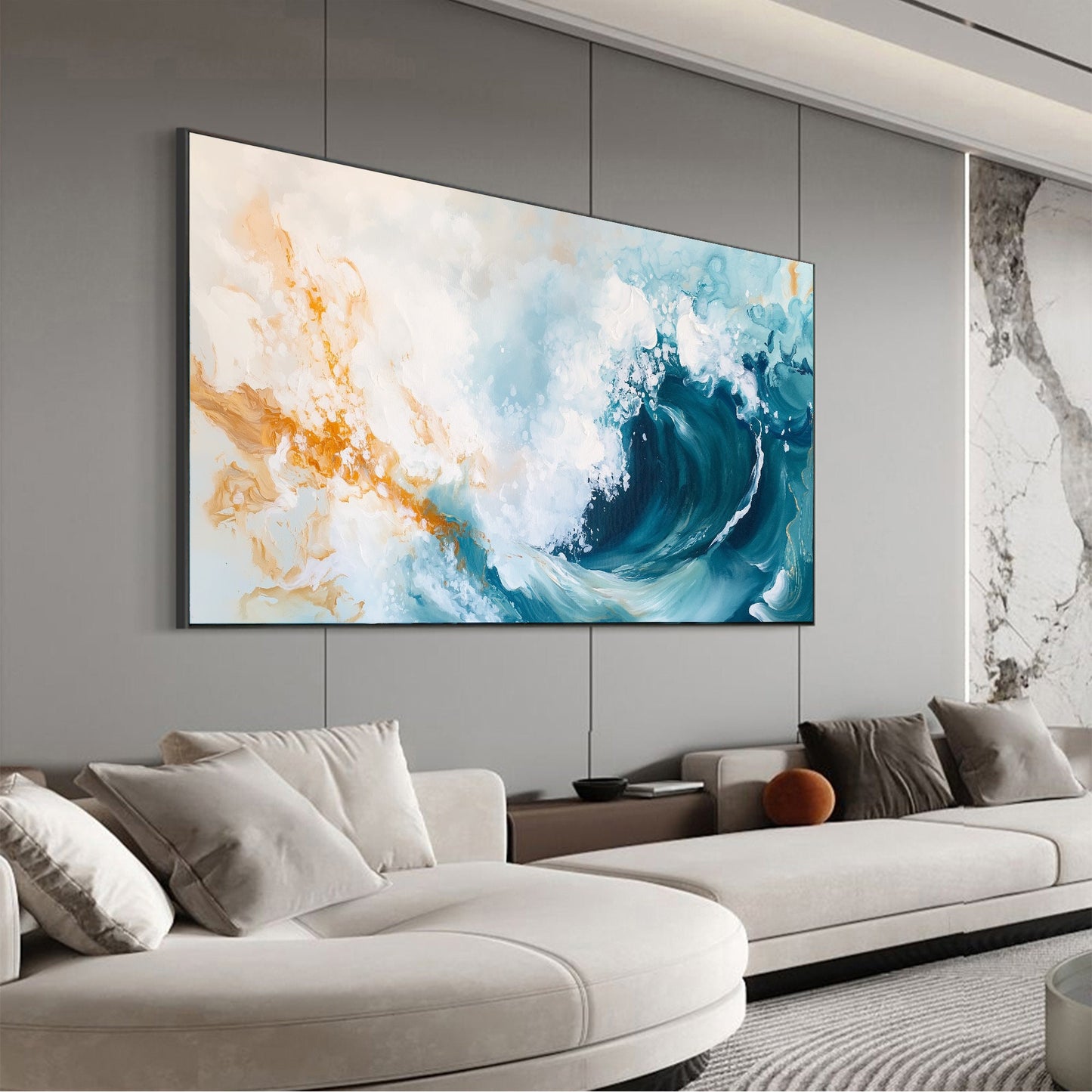 Original – Blue and Gold Ocean Wave Seascape Wall Art | Abstract Textured Hand-Painted Painting, view 4