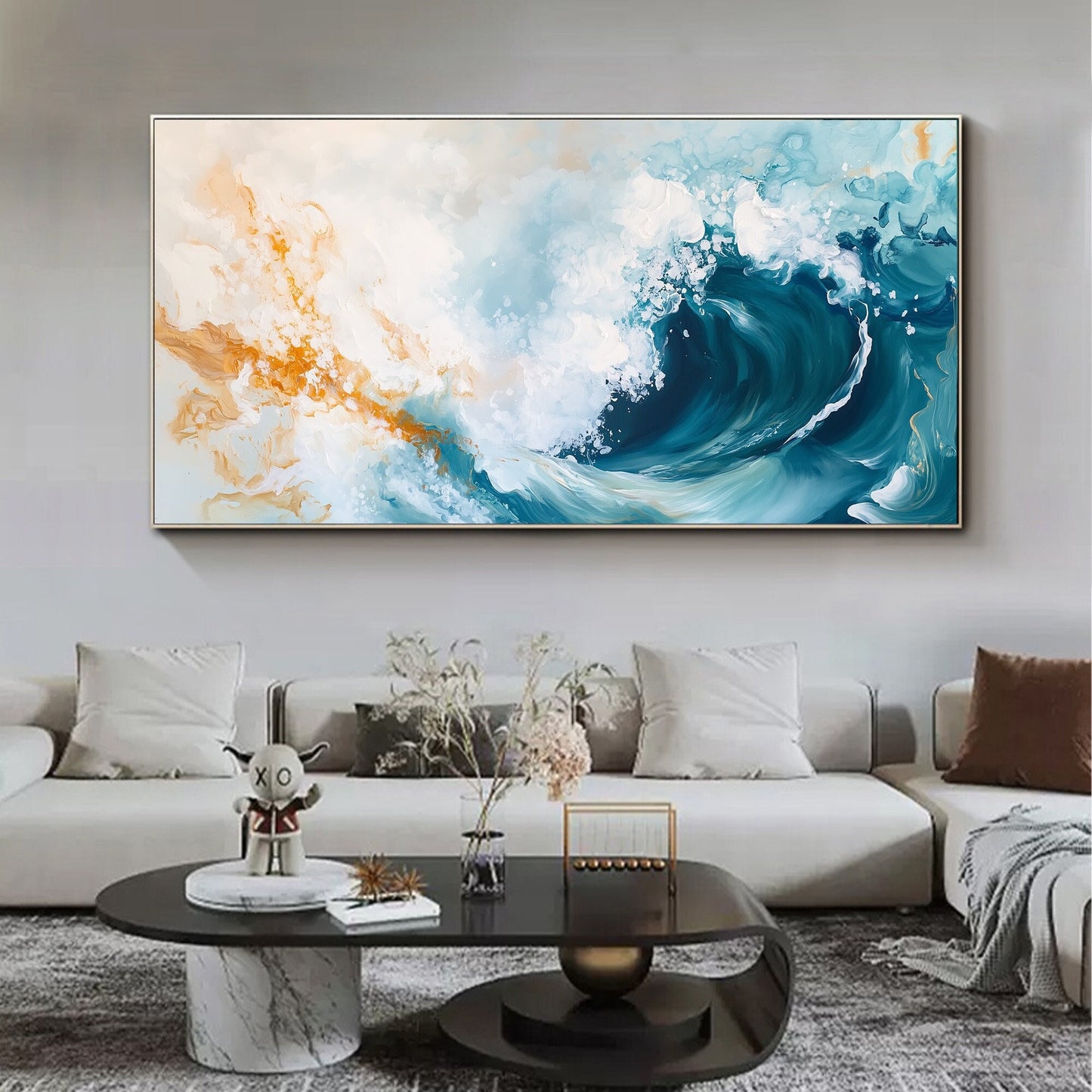 Original – Blue and Gold Ocean Wave Seascape Wall Art | Abstract Textured Hand-Painted Painting, view 3