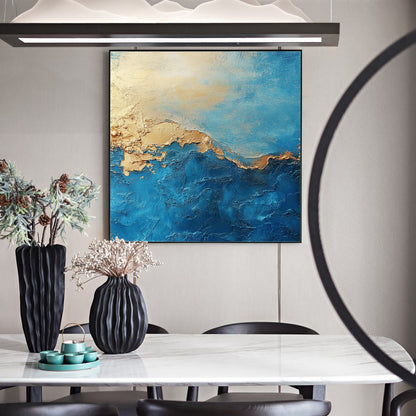 Blue and Gold Abstract Botanical Leaf Wall Art