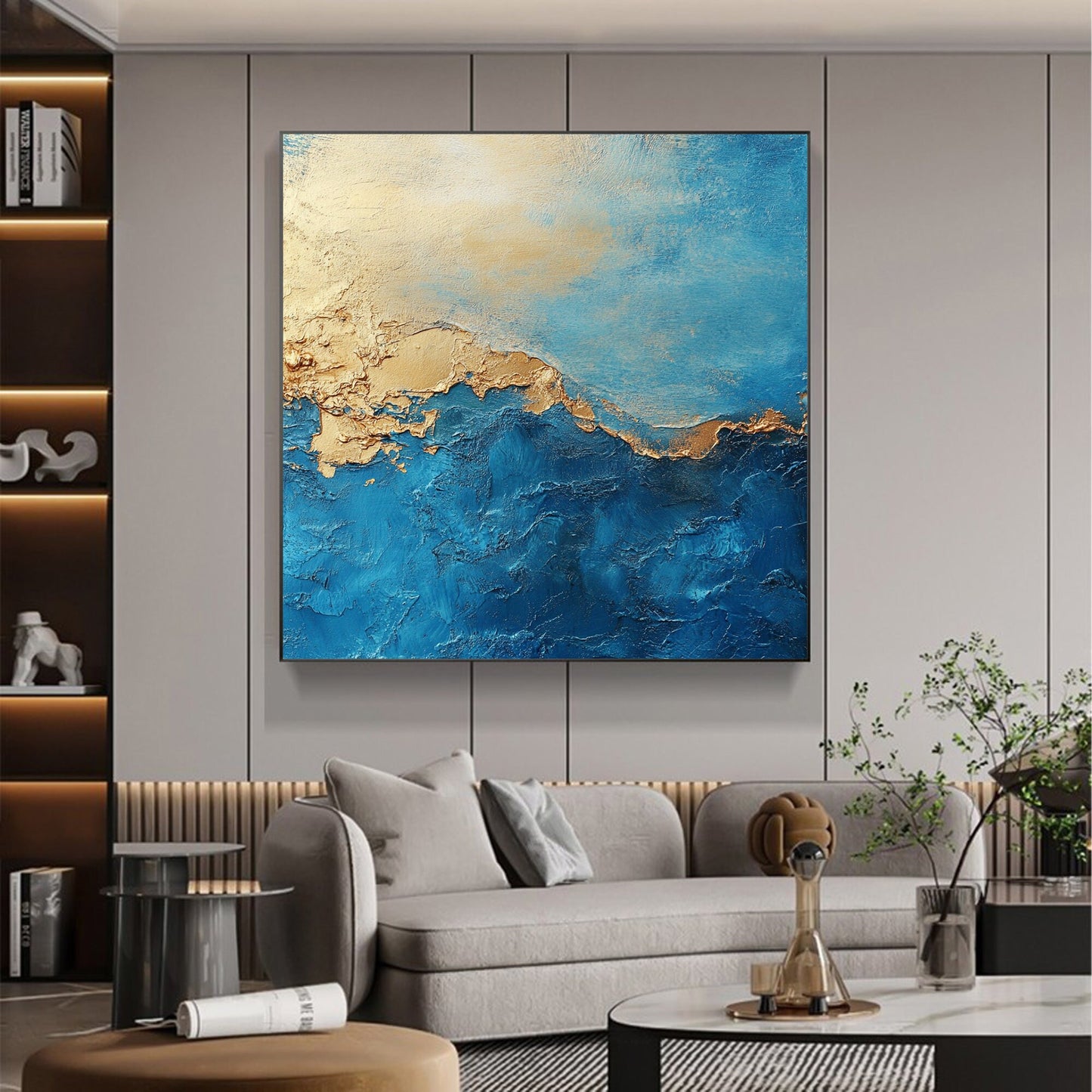 Blue and Gold Abstract Botanical Leaf Wall Art