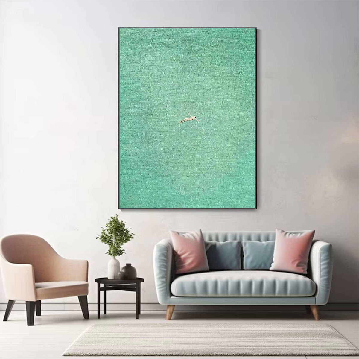 Sea Green Swimmer Wall Art Minimalist Ocean Canvas Painting for Coastal Spa Bathroom Decor