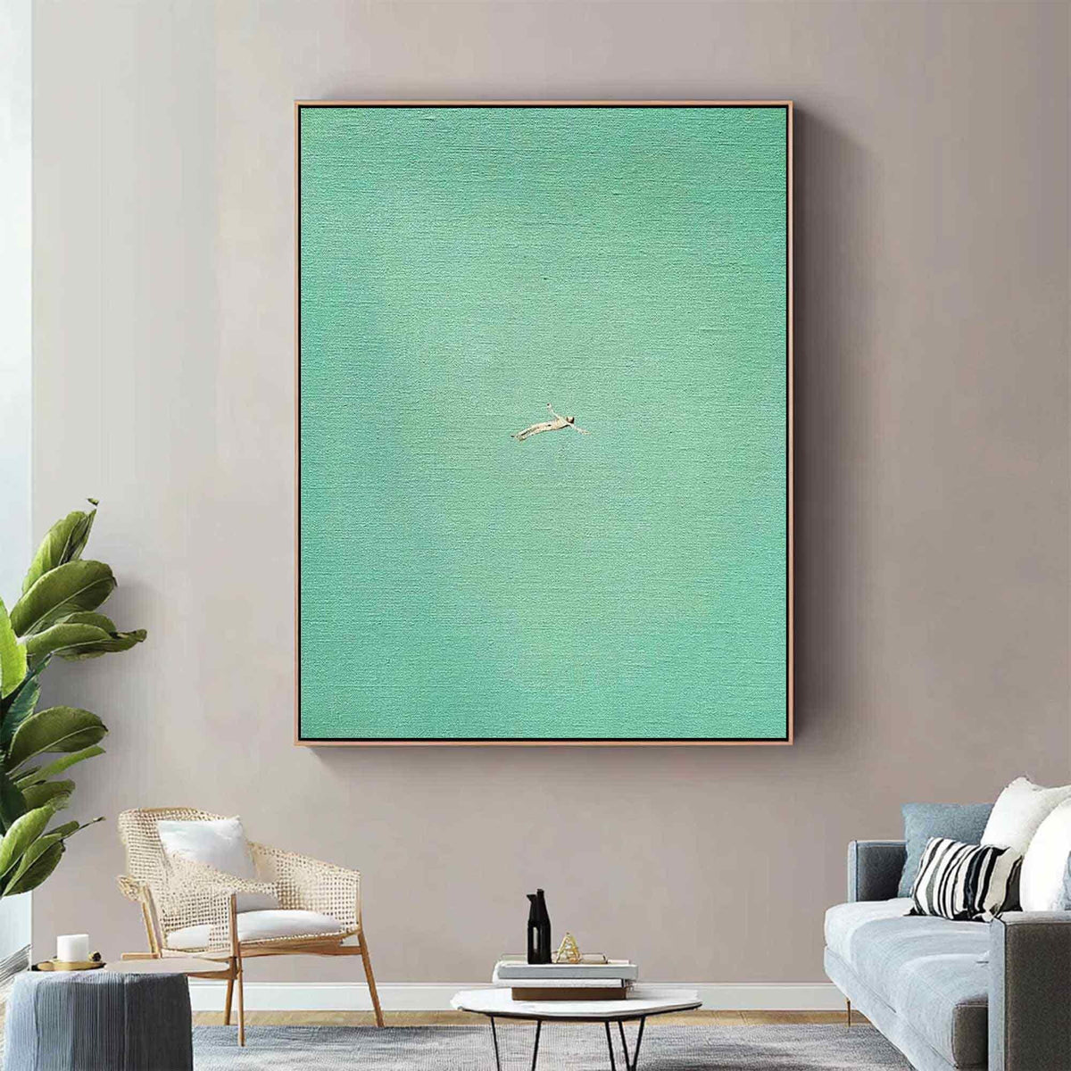 Sea Green Swimmer Wall Art Minimalist Ocean Canvas Painting for Coastal Spa Bathroom Decor