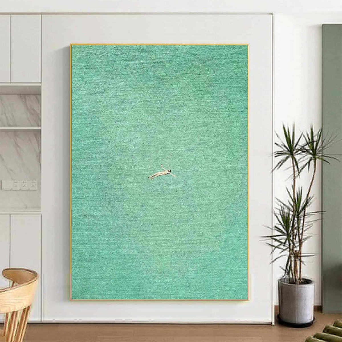 Sea Green Swimmer Wall Art Minimalist Ocean Canvas Painting for Coastal Spa Bathroom Decor
