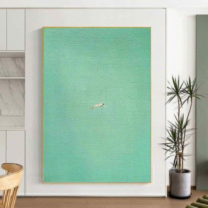 Sea Green Swimmer Wall Art Minimalist Ocean Canvas Painting for Coastal Spa Bathroom Decor