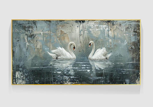 May include: A painting of two white swans swimming in a blue and gray lake. The swans are facing each other and their necks are curved in a heart shape. The background is a textured abstract painting with shades of blue, gray, and brown.