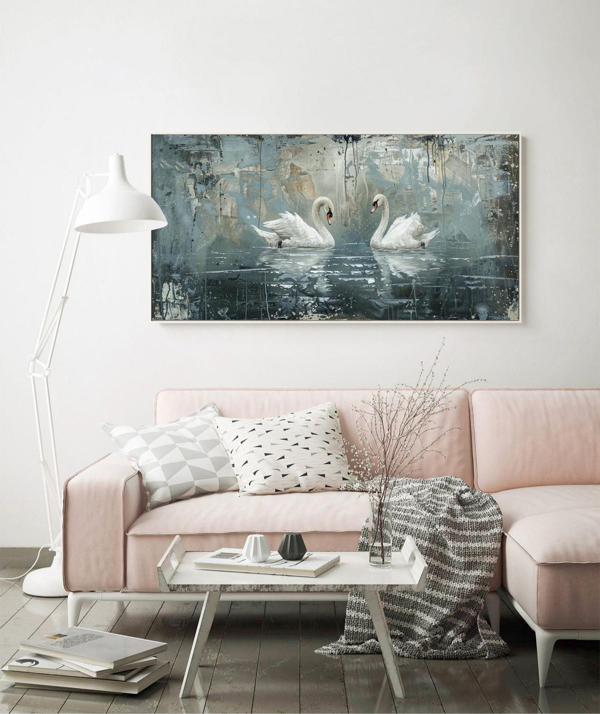 May include: A painting of two white swans swimming in a blue and gray abstract background. The swans are facing each other and appear to be in love.