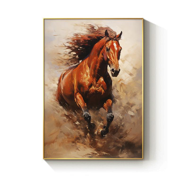 May include: A painting of a brown horse running through a field of tall grass. The horse's mane and tail are flowing in the wind. The background is a blur of brown and green.