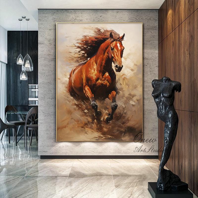 May include: A painting of a brown horse running through a field of dust. The horse has a long mane and tail, and its hooves are kicking up dirt. The painting is done in a realistic style, and the horse's muscles are clearly defined.