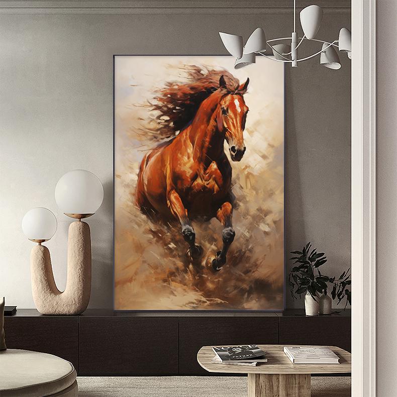 May include: A painting of a brown horse running through a field of tall grass. The horse has a long mane and tail, and its hooves are kicking up dirt as it runs.