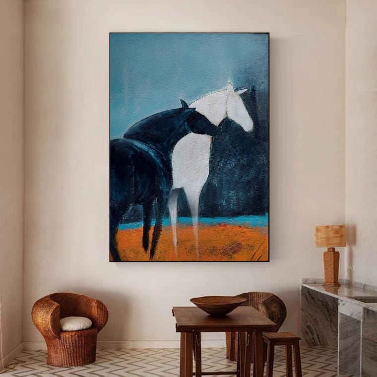 Abstract Black and White Horse Oil Painting on Canvas, Large Original Horses Canvas Wall Art, Modern Animal Wall Art for Living Room Bedroom